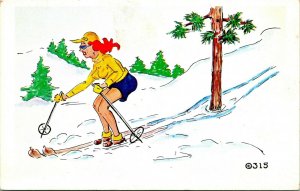 Vtg Kromekolor Comic Postcard Woman Skiing Around Tree