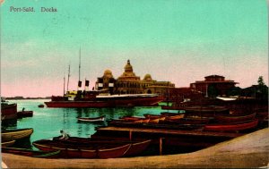 Vtg Postcard 1906 Egypt Suez Docks Port Said Boats Stamped Posted