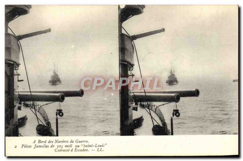 Old Postcard Boat On board warships binoculars Pieces of 305 mill in Saint Lo...