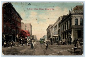 1916 A Busy Day Main Street Trolley Stores Sioux City Iowa IA Antique Postcard