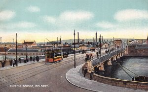 BELFAST NORTHERN IRELAND~QUEEN'S BRIDGE-OPEN AIR TRAM W/BUY REIS POSTCARD SIGN