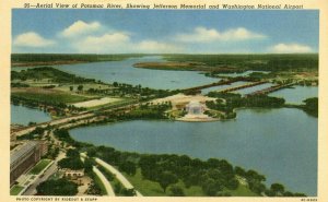 Postcard Aerial View of Potomac River, Jefferson Memorial & Washington Airport.