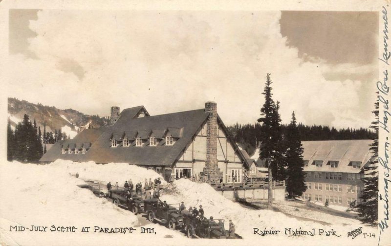 RPPC Mid-July Scene PARADISE INN Rainier Natl Park Ranapar 1925 Vintage Postcard