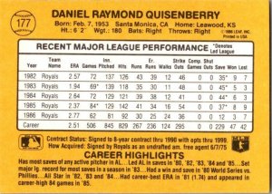 1986 Donruss Baseball Card Dan Quisenberry Kansas City Royals sk12417