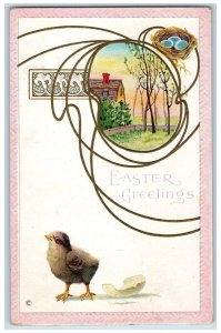 1916 Easter Greetings Chick Hatched Egg Nest Embossed Antique Posted Postcard