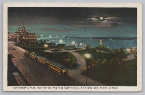 Memphis TN~4 Trolleys @ Confederate Park~Post Office~Night Lights~Full Moon~1924