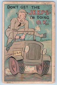 WWII Postcard Comic Humor Military Soldier Riding The Jeep USA Unposted Vintage