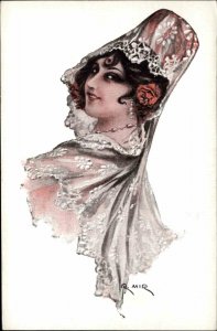 Beautiful Woman Unusual Silk Hat Spanish Artist R. MIR c1910 Postcard