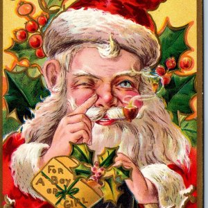 RARE c1909 Santa Smoking Pipe Christmas Postcard St Nicholas Gold Embossed A72