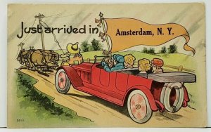 Just Arrived  in AMSTERDAM N.Y. Horses Pulling Automobile Postcard I15