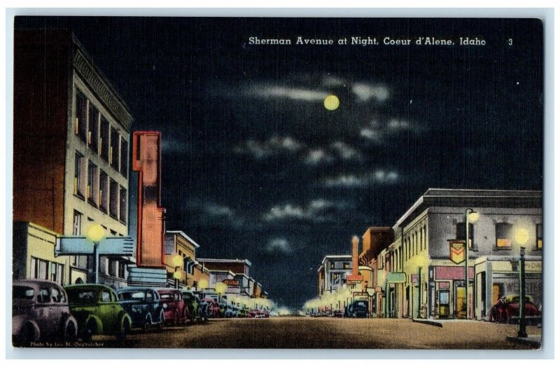 c1940's Sherman Avenue At Night Coeur D'Alene Idaho ID Unposted Moon Postcard