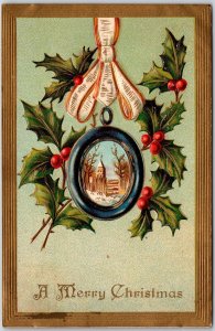 Merry Christmas Green Leaves Landscape Inside The Pendant Bordered Postcard