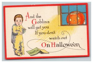 Vintage 1900's Halloween Postcard Scared Boy Jack O' Lantern in the Window Funny