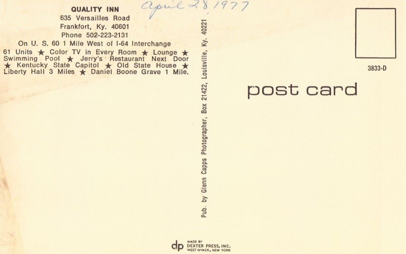 Quality Inn - Frankfort, Kentucky Post Card Old Cars