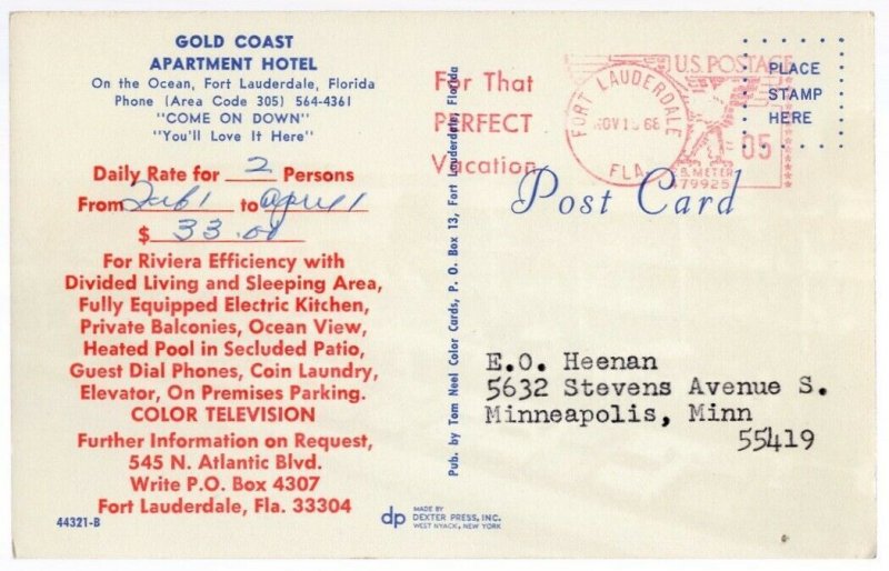 53017 Gold Coast Hotel Vintage Fort Lauderdale Postcard with Rates on Back 1968