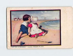 Postcard Last Day Of Summer. with Children Beach Coast Comic Art Print