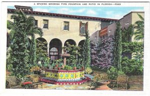 1940's Spanish Moorish Type Fountain & Patio, Florida Linen Postcard