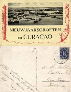 curacao, D.W.I., Happy New Year, Harbour with Oil Tanks (1940s) Postcard