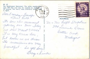 Washington Monument DC Cherry Trees Postcard PM Cancel WOB Note VTG Vintage 3c 