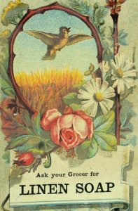 1870's-80's Lovely Linen Soap Bird Floral Flowers Victorian Trade Card F79