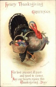 Clapsaddle Thanksgiving Int'l Art Turkey with Fruit Basket c1910 Postcard