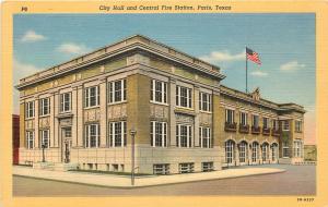 Nice Linen Postcard; City Hall & Central Fire Station, Paris TX Lamar Co. Unused