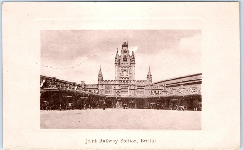 c1900s Bristol, England Postcard Joint Railway Station Signs Horse Carriage A376