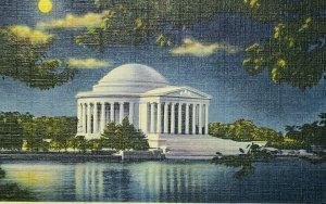 Vintage Postcard Jefferson Memorial by Moonlight Washington DC Linen