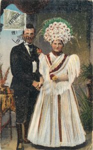 Hungarian folk types groom & bride national costumes vintage postcard, Hungary