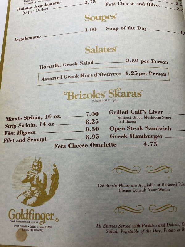 Vintage 80s Goldfinger Restaurant Menu Greek Dallas Texas