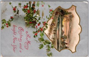 A Merry Christmas and a Bright New Year, 1908 Greetings, Holly, Vintage Postcard