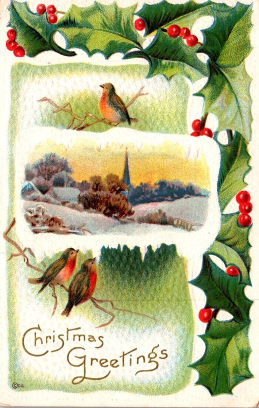 Christmas With Holly and Landscape Scene 1911