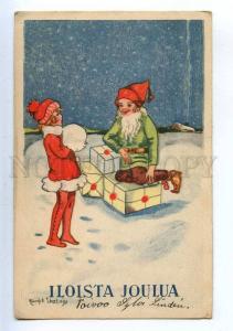 206792 NEW YEAR Dwarf GNOME w/ Gift & Girl Vintage postcard