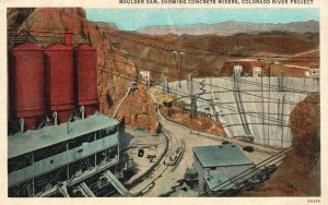 1938 Boulder Dam Showing Concrete Mixers Colorado River Project Vintage Postcard