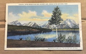 1946 USED .01 LINEN POSTCARD TETON MTNS. & JACKSON LAKE, GRAND TETON NATL PARK