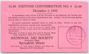 1932 National Aid Society Contribution Notice Card Springfield IL to Columbus OH