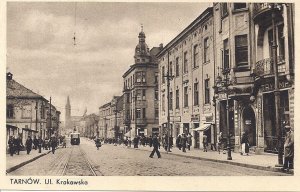 POLAND, Tarnow, Krakow Street, 1939, Trolley, Stores, People, Pre-War