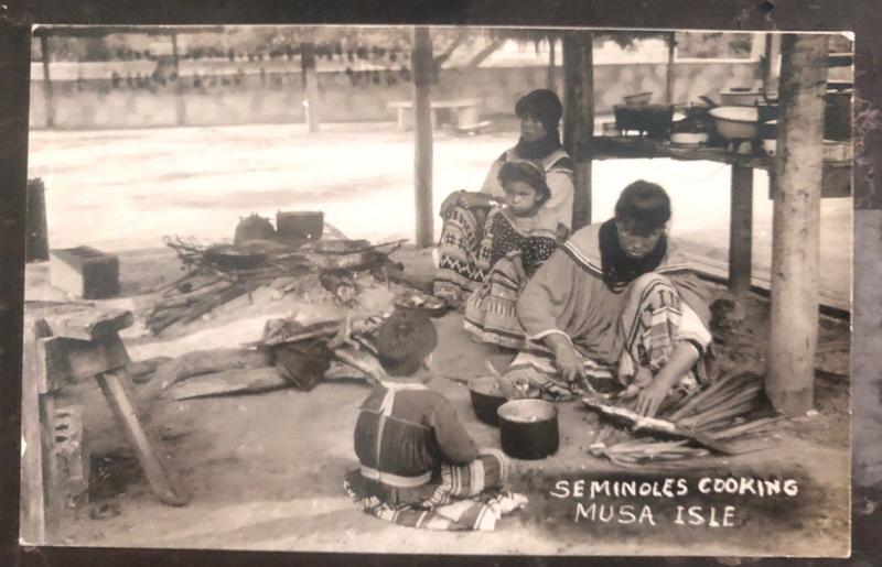 Mint USA RPPC Postcard Native American Indian Seminoles Cooking Musa Isle