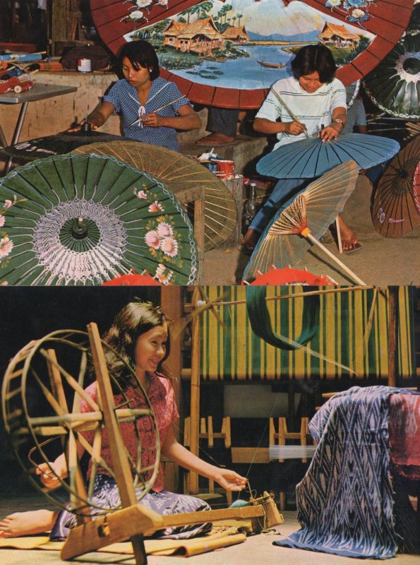 Thai Silk Spinning Umbrella Making 2x Thailand Craft Postcard s