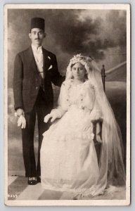 RPPC Turkish Bride And Groom Man Fez Hat Real Photo Postcard Q29