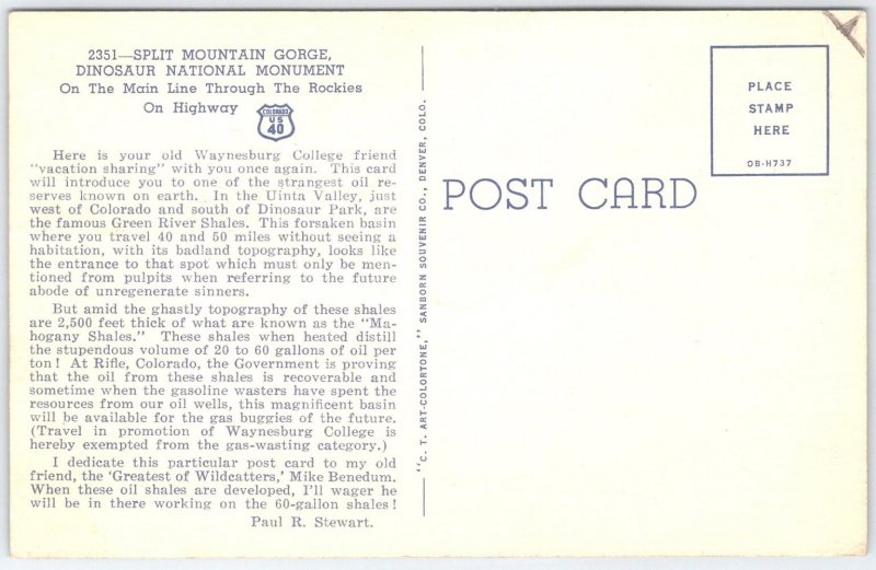 Vintage Split Mountain Gorge Dinosaur National Monument Postcard Colo