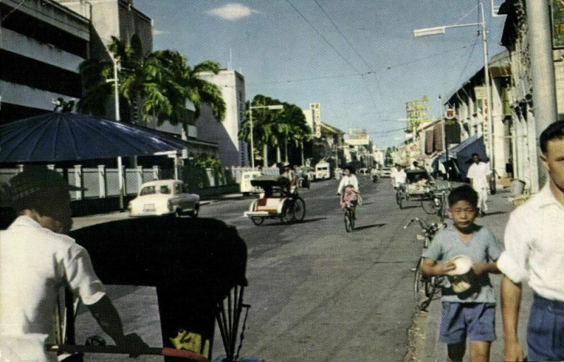 malay malaysia, PENANG, Penang Road, Car, Rickshaw (1950s) Postcard