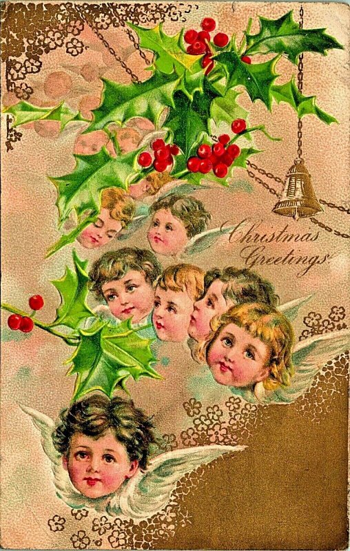 Child Angels Gilt Bells Holly Christmas Greetings 1912 Winsch Back DB Postcard