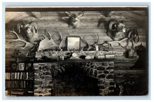 c1910 Absaroka Lodge Interior Fireplace Taxidermy Cody WY RPPC Photo Postcard