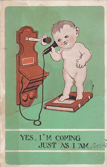 Naked Boy Standing On Book Talking On Telephone