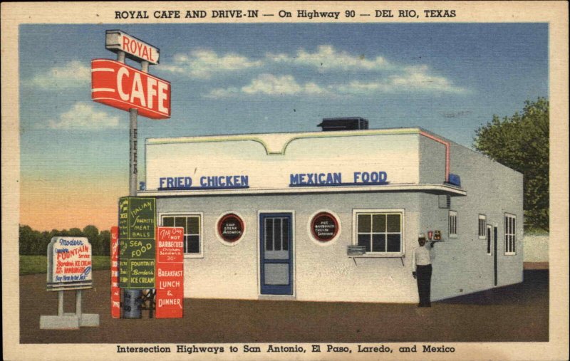 Del Rio TX Texas Royal Caf‚ Black Waiter COLORFUL LINEN Postcard