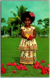 Little Girl in Fiji Named Elizabeth Likes Picking Flowers Chrome Postcard I6