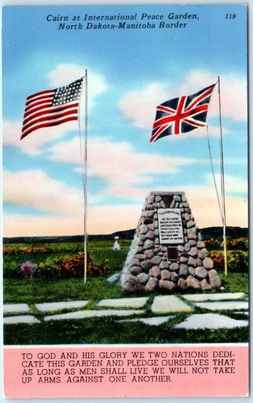 NORTH DAKOTA-MANITOBA Border  U.S-Canada  PEACE GARDEN Cairn  c1950s Postcard