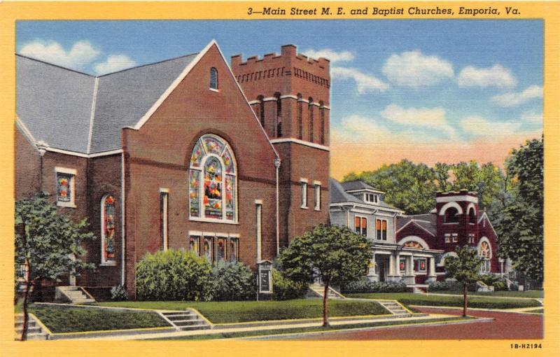 EMPORIA VIRGINIA MAIN STREET METHODIST AND BAPTIST CHURCHES POSTCARD c1940s