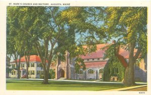 Augusta Maine St Mark's Church & Rectory Linen Postcard Unused